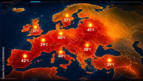 Futuristic Digital Weather Map of Europe Displaying Extreme Summer Heatwave and Record High Temperatures
