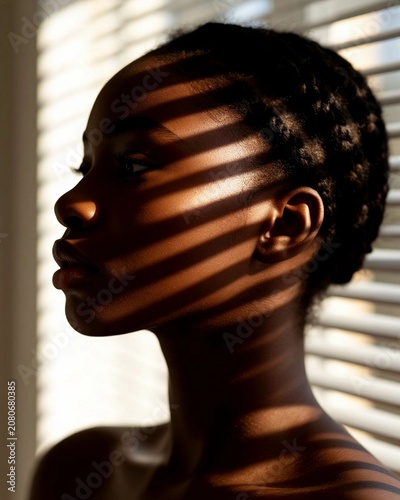A beautiful girl's face in profile, close-up. Light falls on her face from the upper right through the stripes of blinds, creating dark and light stripes on her face.