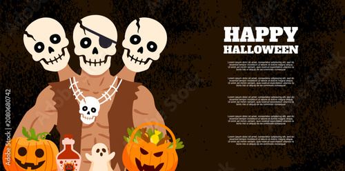 Fotografie terrifying three headed skeleton monster man with carved pumpkins