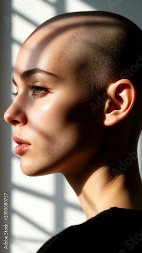 A beautiful girl's face in profile, close-up. Light falls on her face from the upper right through the stripes of blinds, creating dark and light stripes on her face.