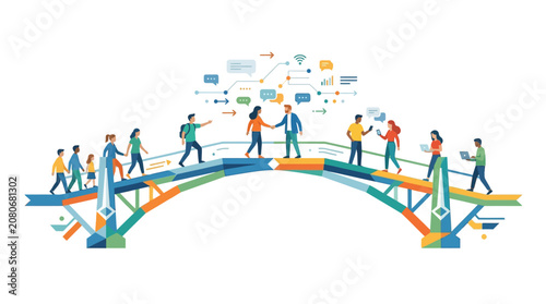 People connecting and communicating across a digital network bridge.