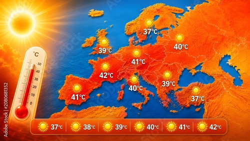 Topographical map of European continent in red showing extreme heatwave conditions with blazing sun and thermometer checking high temperatures