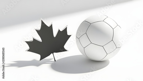 Modern Maple Leaf Silhouette Painted Elegantly Next to a Minimalist Soccer Ball on a Clean Textured White Canvas Surface