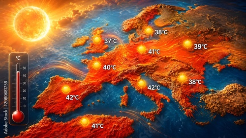 Dramatic 3D illustration of solar wind and intense heatwaves sweeping across the red glowing European continent during extreme climate crisis