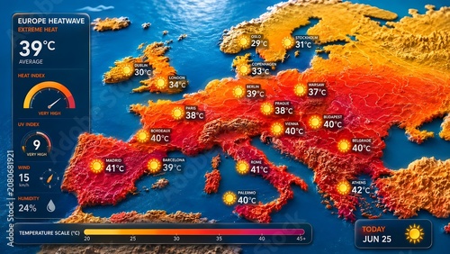 Advanced weather forecast dashboard showing Europe extreme heatwave with UV index wind humidity and high temperature statistics