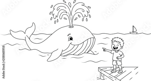 Photos Whale breaching illustration with boy pointing scenic water and boat