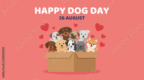 Fotografía A colorful illustration of dogs emerging from a cardboard box on a festive day