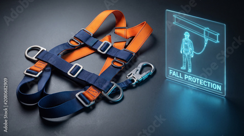 Blue and orange industrial safety harness with a glowing holographic digital display of fall protection