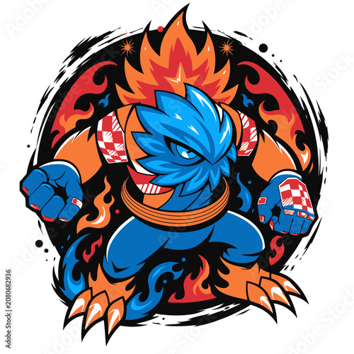Fotografija Fierce Blue Bird Warrior with Boxing Gloves and Fire.