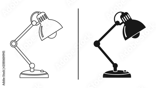 Schilderij op canvas Desk Lamp Icon Comparison: A side-by-side illustration contrasts a black and white line art desk lamp with a solid black silhouette of the same lamp, highlighting design elements and forms