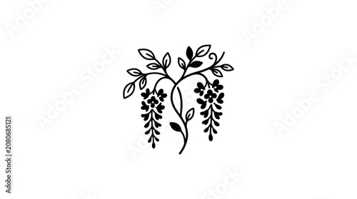 Minimalist black floral illustration with hanging clusters and leaves