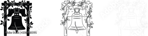 Liberty bell in wooden frame decorated with floral vines.