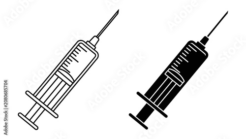 Bild auf Leinwand Syringe Illustration: A medical syringe, depicted in both outline and solid black style, symbolizes healthcare, medicine, and treatment