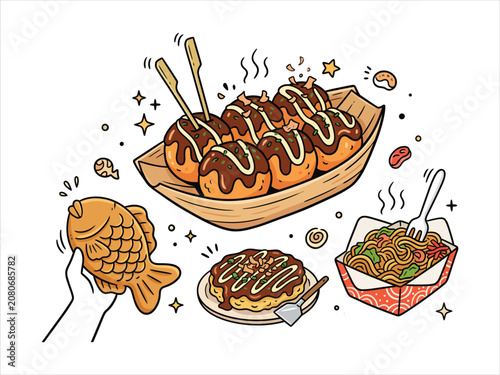 Japanese street food vector doodle illustration set