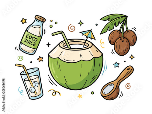Tropical coconut drink vector doodle food set