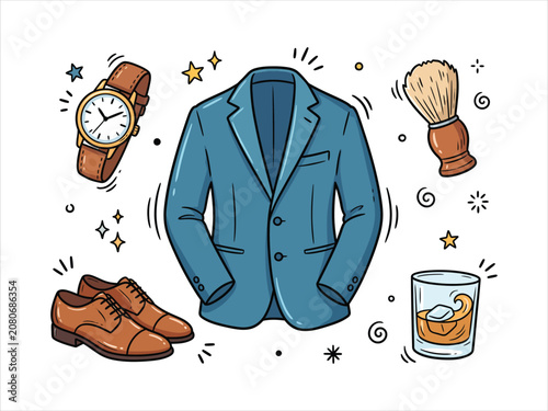 Mens classic fashion style vector doodle set