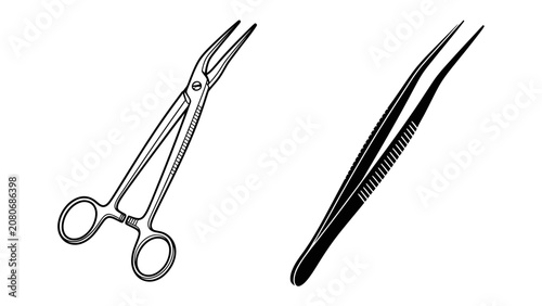 Quadro em tela Surgical Tools: A precisely rendered illustration showcasing surgical forceps and tweezers, essential instruments for delicate medical procedures and scientific research