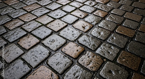 wet cobblestone street pavement closeup.