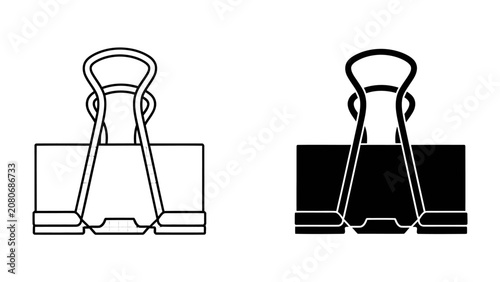 Obraz na płótnie Binder Clip Icons: Two distinct binder clip icons, one in black and white outline and the other solid black, presented side by side, showcasing their design and function for organizing papers