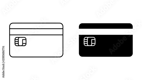 Fotografie Credit Card Icons: Two distinct credit card icons, one in white outline and the other in solid black, showcase the modern chip technology, representing digital finance and transactions