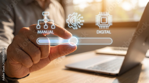 Person using a virtual interface slider to adjust transition from manual processes to digital automation