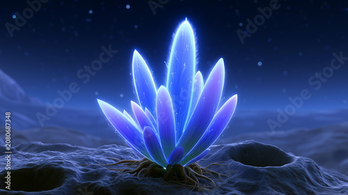 Bioluminescent blue cactus glowing in dark alien landscape  