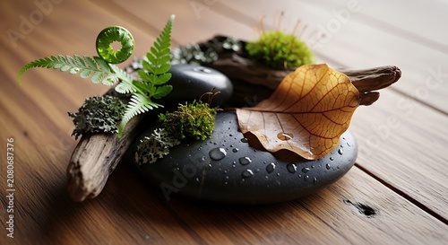Moss and leaves on a stone.