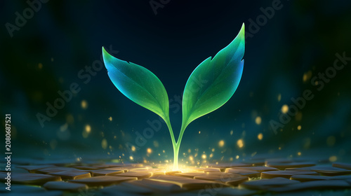 Luminous green plant sprouting with vibrant leaves on dark background  