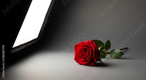 Single Red Rose in Dark Room.