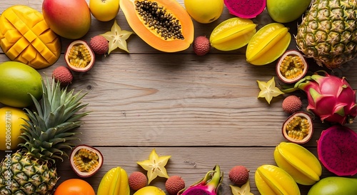 Assortment of fresh fruits and vegetables on wooden table.