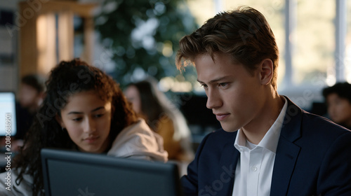 Cyberbullying prevention curriculum session takes place in a middle school computer lab where a facilitator guides students through an empathy simulation tool that visualizes the emotional impact of