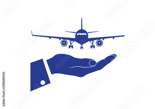 Airplane in Hand Support Travel Concept Icon, Aviation Service Vector Illustration