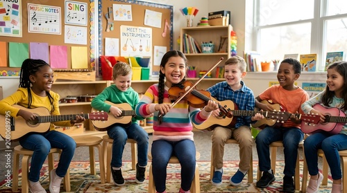 Lively elementary classroom full of engaged young learning students