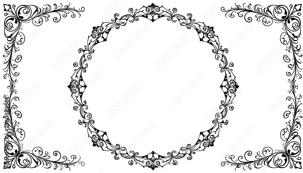 Fototapeta premium Decorative leaf circular frame with floral corner flourishes.