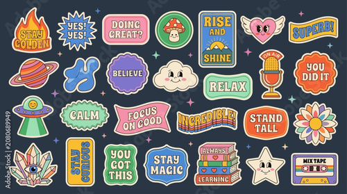 Colorful vector stickers show motivational phrases and cute illustrations on dark background