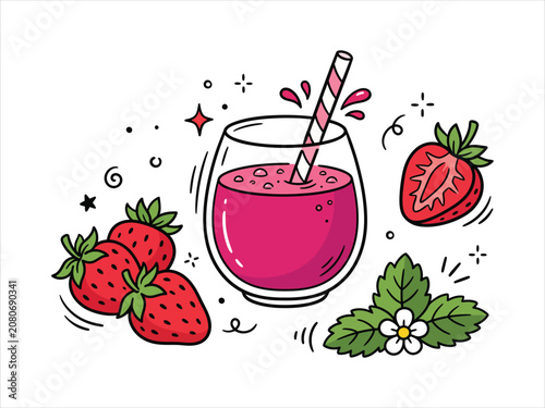 Strawberry smoothie drink vector doodle food set