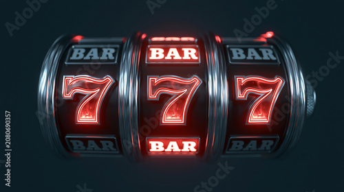 Luxury slot machine with glowing jackpot sevens on black background, futuristic casino gaming concept with premium neon design