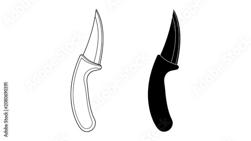 Fotografía Curved Blade Utility Knife: A versatile utility knife with a sharply curved blade and ergonomic handle, presented in both line art and silhouette