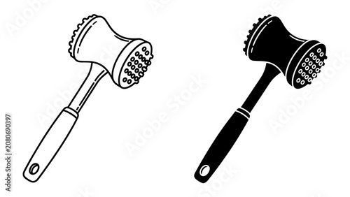 Fotografie Meat Tenderizer Tool: A black and white illustration of a meat tenderizer, a kitchen tool designed to flatten and tenderize meat, presented in both outline and solid silhouette forms