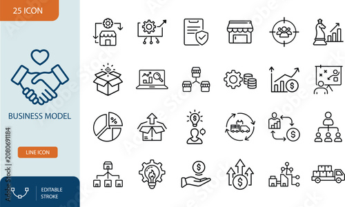 Business Model Line Icons Set Editable Stroke Vector Symbols for Strategy, Supply Chain, Finance, and Corporate Management. Vector illustration