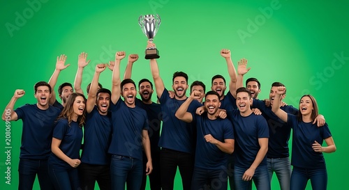 Celebrating Victory: Diverse Team with Trophy on Green Screen
