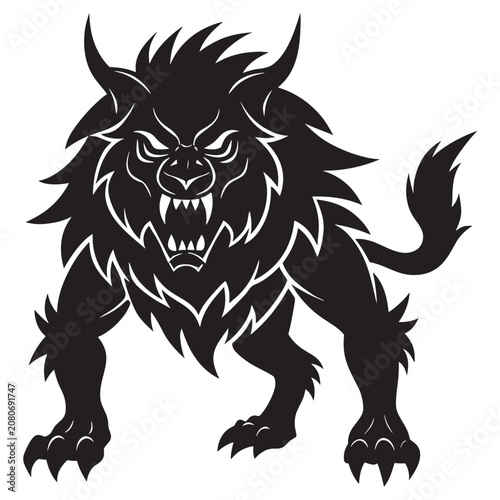 Foto Aggressive black and white of a snarling mythical beast or werewolf with sharp c