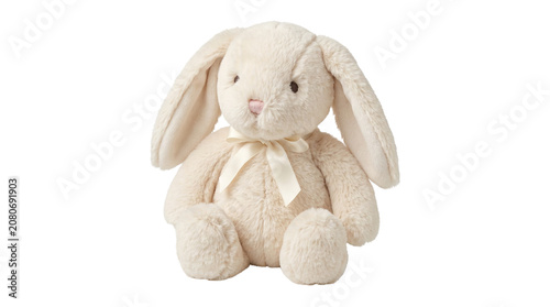 Bild auf Leinwand Cute fluffy light brown stuffed bunny toy with long ears and a sweet bow, sitting peacefully, studio shot