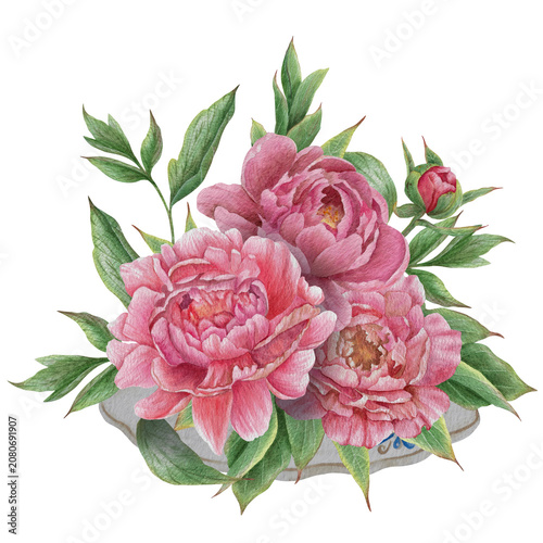 Vintage Watercolor Peony Tea Party Clipart Set Flower arrangement of peonies Botanical Collection PNG transparent background