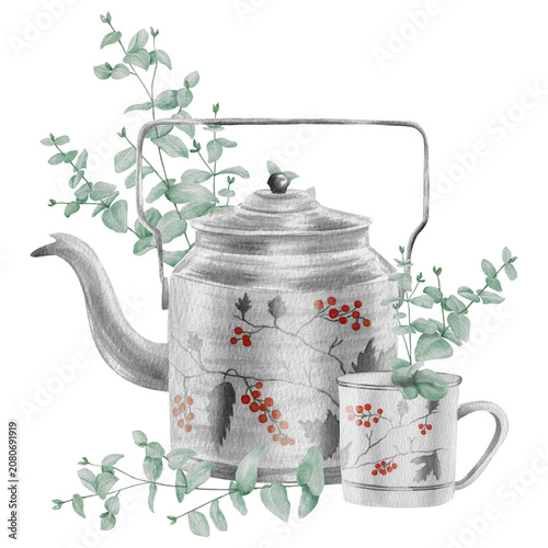 Vintage Watercolor Peony Tea Party Clipart Set Metal teapot and mug with eucalyptus Botanical Collection PNG transparent background