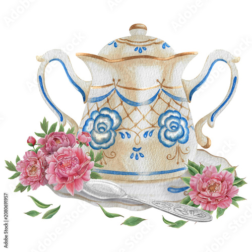  Vintage Watercolor Peony Tea Party Clipart Set Vintage sugar bowl with spoon and peonies Botanical Collection PNG transparent background