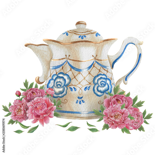 Vintage Watercolor Peony Tea Party Clipart Set Porcelain teapot with peonies Botanical Collection PNG transparent background