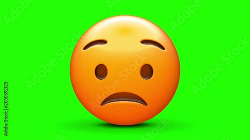 3D Sad and Worried Emoji Face with Frowning Mouth and Slanted Eyebrows 4k stock animation video on a green screen for chroma key background in video editing.