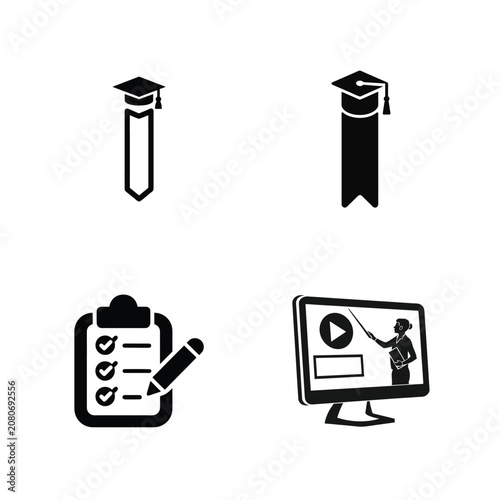 Set of black education icons featuring graduation caps and online learning symbols on white background