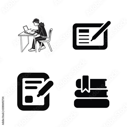 Set of Education and Study Icons Featuring Student Writing and Books in Minimalist Black Style